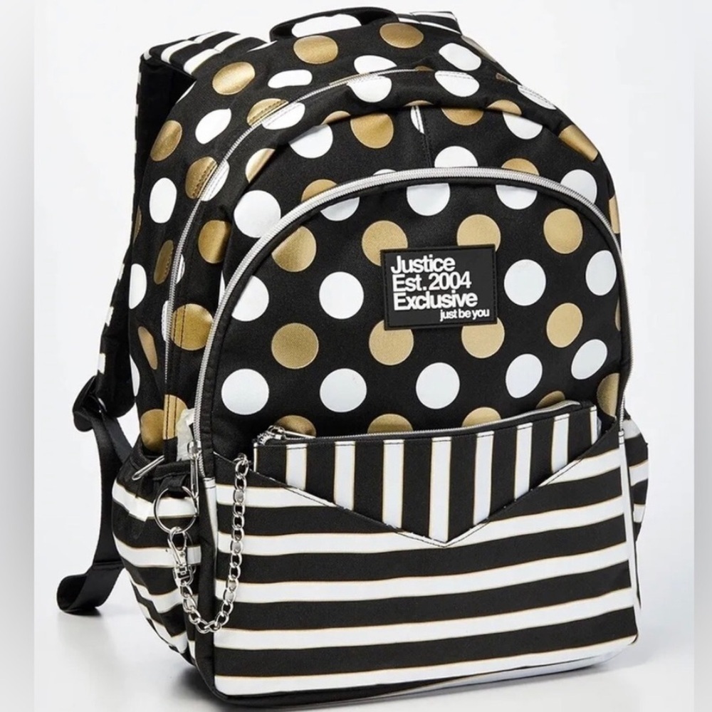 Justice  Exclusive "Just Be You" Gold & White Polka-dot & Strip Backpack bag - Picture 4 of 16